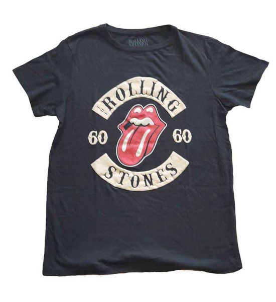 The Rolling Stones: Sixty Biker Tongue (Suede Flock) - Ladies Black T-Shirt