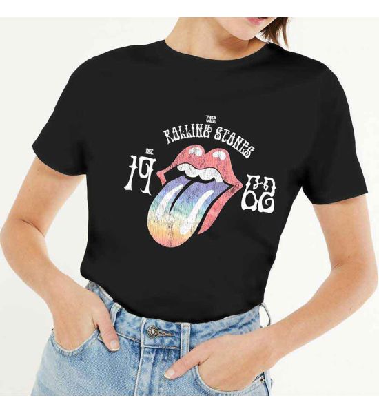 The Rolling Stones: Sixty Rainbow Tongue '62 (Hi-Build, Puff Print) - Ladies Black T-Shirt