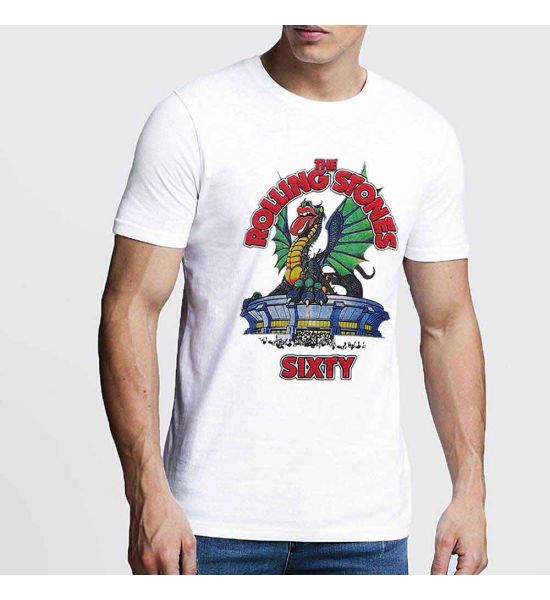 The Rolling Stones: Sixty Stadium Dragon (Hi-Build, Puff Print) - White T-Shirt