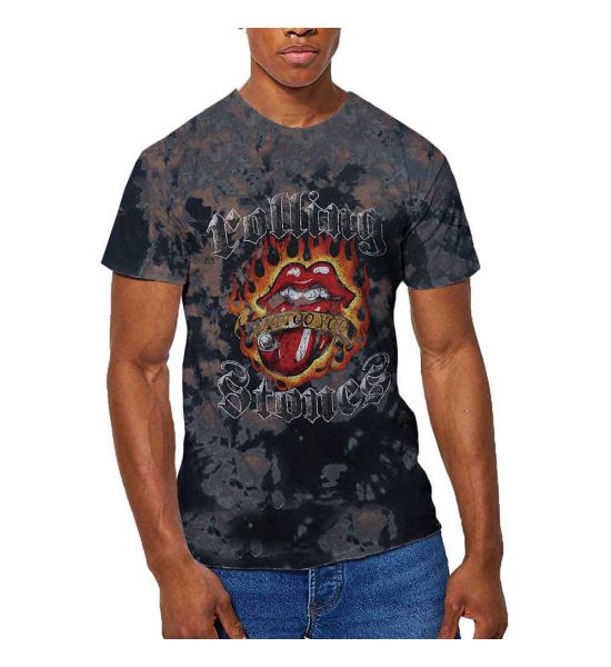 The Rolling Stones: Tattoo Flames (Dip Dye, Dye Wash) - Dip-dye On Grey T-Shirt