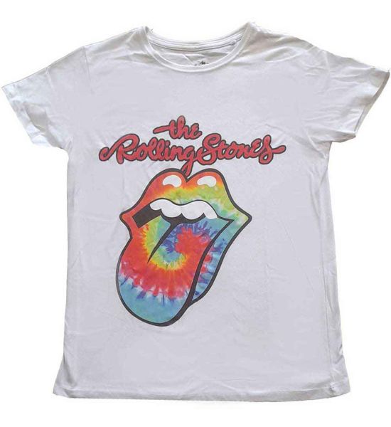 The Rolling Stones: Tie Dye Tongue - Ladies White T-Shirt