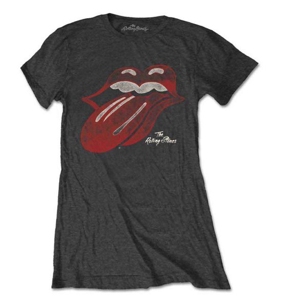 The Rolling Stones: Vintage Tongue Logo - Ladies Charcoal Grey T-Shirt