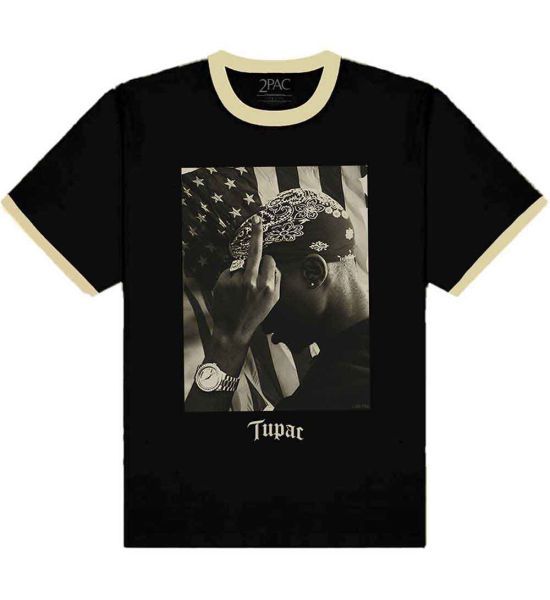 Tupac: Flag Photo - Black & Cream T-Shirt